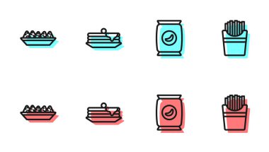 Sıralı paket patates cipsi, tabakta nachos, gözleme yığını ve patates kızartması kutusu ikonu. Vektör.