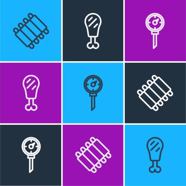 Izgara domuz pirzolası, mutfak termometresi ve tavuk budu ikonu. Vektör.