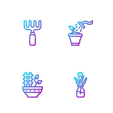 Cam şişede çiçek, saksı, bahçe tırmığı ve sprey. Renk simgeleri. Vektör.