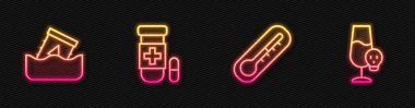 Termometre radyoaktif atığı varil antidote ve zehirli alkole ayarlayın. Parlayan neon ikonu. Vektör.