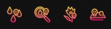 Zehirli çiçek yağmuru büyüteç ve deneysel fare hattını ayarlayın. Parlayan neon ikonu. Vektör.