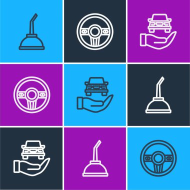 Motor yağı otomotiv servisi otomotiv ve direksiyon simgesi için teneke kutuyu ayarla. Vektör.