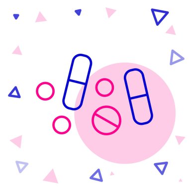 Beyaz arka planda izole edilmiş çizgi ilacı veya tablet ikonu. Kapsül hapı ve uyuşturucu işareti. Eczane tasarımı. Renkli taslak konsepti. Vektör.