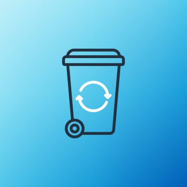 Mavi arkaplanda izole edilmiş geri dönüşüm sembolü simgesi olan satır geri dönüşüm kutusu. Çöp kutusu simgesi. Çöp kutusu tabelası. Geri dönüşüm sepeti işareti. Renkli taslak konsepti. Vektör.