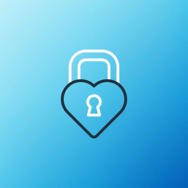 Mavi arka planda izole edilmiş kalp ikonu şeklindeki Çizgi Kalesi. Kilitli Kalp. Aşk sembolü ve anahtar deliği işareti. Renkli taslak konsepti. Vektör.