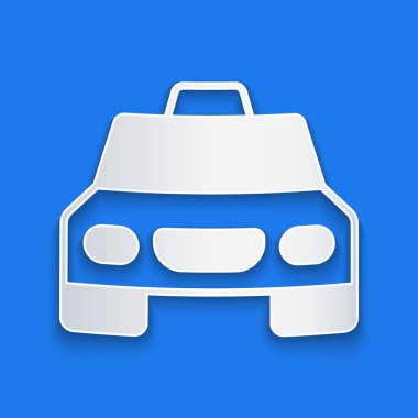 Kağıt kesiği taksi ikonu mavi arka planda izole edilmiş. Kağıt sanatı tarzı. Vektör.