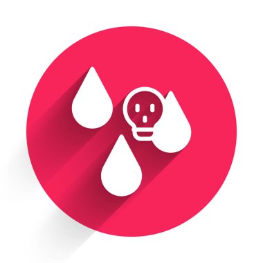 Beyaz asit yağmuru ve uzun gölge arkaplan izole edilmiş radyoaktif bulut simgesi. Zehirli hava kirliliğinin çevre üzerindeki etkileri. Kırmızı daire düğmesi. Vektör.