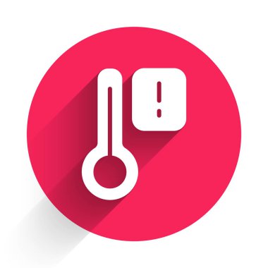 Beyaz Sauna termometre simgesi uzun gölge arkaplanı ile izole edildi. Sauna ve banyo malzemeleri. Kırmızı daire düğmesi. Vektör.