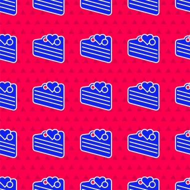 Mavi düğün pastası. Kırmızı arka planda izole edilmiş kalp ikonu var. Sevgililer günün kutlu olsun. Vektör.