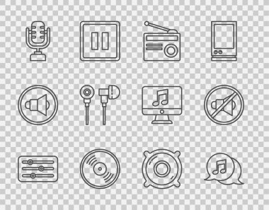 Hat ses karıştırıcı denetleyicisi Müzik notasını anten disk mikrofon kulaklıkları Stereo hoparlör ve Hoparlör dilsiz ikonu ile anten radyosundan ayarla. Vektör.