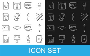Metin dosyası AI ve Boyama fırça simgesi içerisine RGB CMYK İnsan başlık teçhizatı ve silgi çapraz cetvel ve kalem balonlu Graphic tablet kalemini ayarla. Vektör.