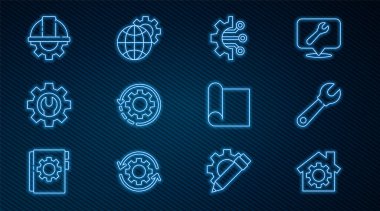 Satır Evi 'ni vites anahtarlı anahtarcı Algoritma Gear ve iş akışı işçi kaskı Graphing kağıt mühendislik ve Dünya Globe simgesi olarak ayarlayın. Vektör.