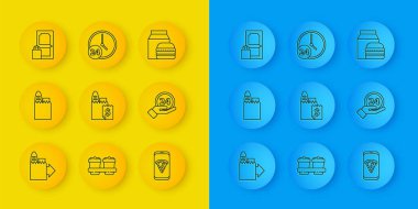 İnternetten alışveriş torbası siparişi, yiyecek siparişi, pizza saati, 24 saat hamburger ve ikon. Vektör.