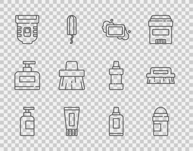 Temizlik malzemesi ve fırça ikonu için şampuan şişesi, terleme önleyici rulo sabun, diş macunu, diş macunu, süpürge sapı, süpürge. Vektör.