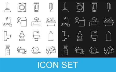 Dişmacunu tüpü, tuvalet kağıdı rulosu el yıkama pompası ve ıslak mendil ikonu ile Sünger prezervatif haznesini ayarlayın. Vektör.