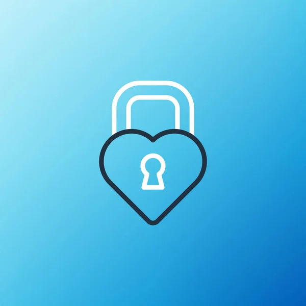 线条城堡的形状是心形图标 与蓝色背景隔离 锁定的心脏 爱的象征和钥匙孔标志 五彩缤纷的概念 — 图库矢量图片