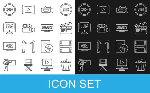 Set line Popcorn in box Play Video Movie clapper Cinema camera Monitor with HD video 3D word and Screen tv Smart icon. Vector.