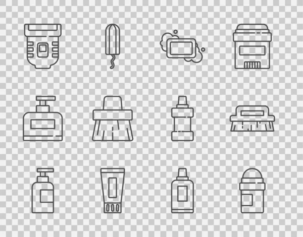 设定系列洗发水瓶 止汗剂 除臭剂 棒状香皂管牙膏 清洁剂和刷子图标 — 图库矢量图片