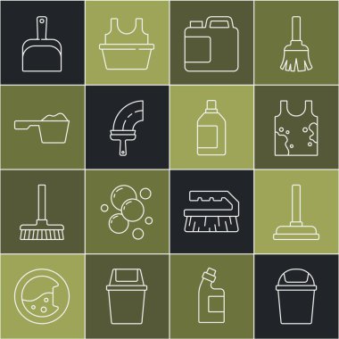 Çöp tenekesi pompası. Kirli tişört şişesi. Temizlik malzemesi temizleyicisi için. Vektör.