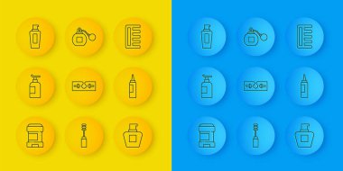 Terleme önleyici deodorant krem losyon kozmetik tüp şampuan şişesi saç fırçası ve parfüm ikonu. Vektör.