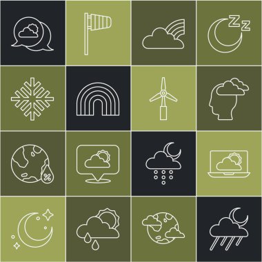 Bulut 'u yağmur ve ay tahmini sunucusuyla aynı hizaya getirin. Gökkuşağı bulutlarının baş ağrısı, kar tanesi konumu ve rüzgar türbini ikonu. Vektör.