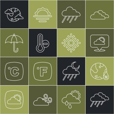 Bulut hattını yağmur suyu damlası yüzdesiyle Meteoroloji bulutu termometre Şemsiye Dünya bulutları ve Kar Tanesi ikonu ile ayarla. Vektör.