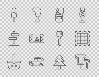 Çizgi çizgisi Piknik sepeti tostu Hafif Araba Dondurması taşınabilir video oyun konsolu Ağacı ve Damalı peçete simgesi. Vektör.