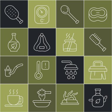 Sauna fırçası kepçe şapkalı çizgi çaydanlığı esansiyel yağ şişesi ve Aroma dağıtıcı ikonu. Vektör.