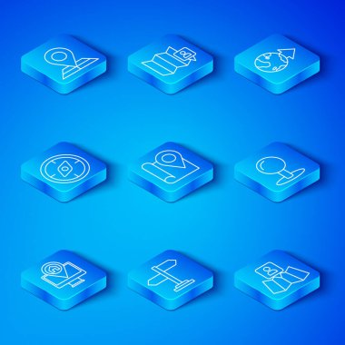 Harita konumu ile çizgi monitörünü ayarla işaretli yol trafik işareti Push pin konumu pusula ve simge. Vektör.