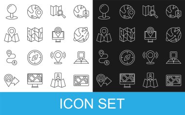 Satır GPS aygıtını, Dünya Arama İticisi pin ve Monitör simgesinin yörüngesindeki haritalı konum işaretleyici uyduları ile ayarla. Vektör.