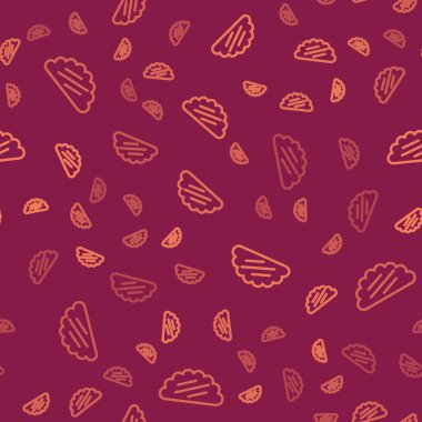 Kahverengi çizgi Taco ve tortilla ikonu kırmızı arka planda izole edilmiş kusursuz desen. Geleneksel Meksika fast food menüsü. Vektör İllüstrasyonu.