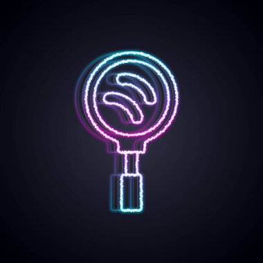 Parlayan neon hattı kızartma tavası simgesi siyah arkaplanda izole edildi. Kızartma veya kızartma gıda sembolü. Vektör.