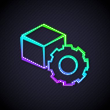 Parlayan neon hattı Isometric küp simgesi siyah arkaplanda izole edildi. Geometrik küp katı simge. 3 boyutlu kare işareti. Kutu sembolü. Vektör.