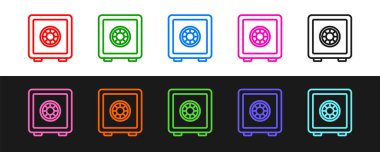 Satır Güvenli simgesini siyah beyaz arkaplanda izole et. Kapı, şifreli bir banka kasası. Güvenilir Veri Koruma. Vektör.