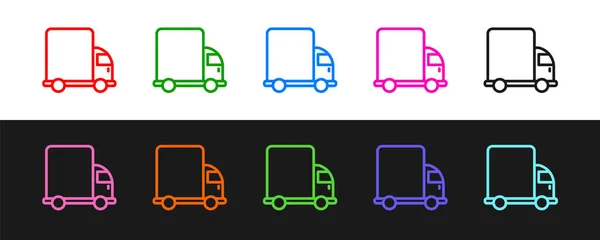 Set Line Delivery Cargo Truck Vehicle Icon Isoliert Auf Schwarzem — Stockvektor