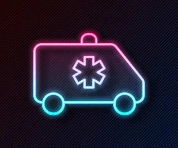 Parlayan Neon Hattı Ambulansı Acil Durum Arabası Simgesi Siyah Arka — Stok Vektör
