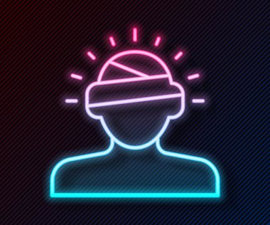 Parlak neon hattı sarsıntısı, baş ağrısı, baş dönmesi, siyah arka planda izole edilmiş migren ikonu. Vektör.