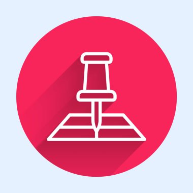 Konum imleci simgesi uzun gölge arkaplan izole edilmiş beyaz çizgi haritası. Kırmızı daire düğmesi. Vektör.