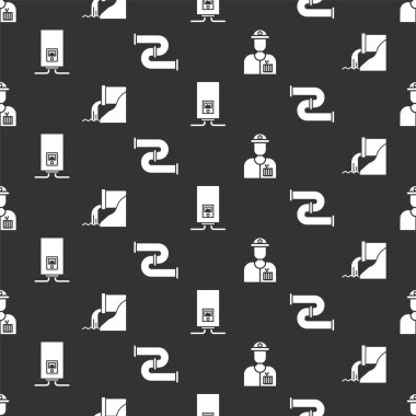 Tesisatçı 'yı, Atık Su' yu, gaz kazanını yanan bir ateşle ve endüstriyel metalik boruyu pürüzsüz desene ayarlayın. Vektör.