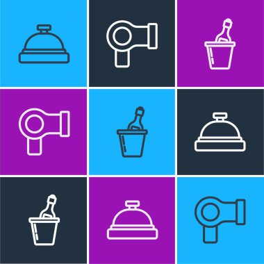 Hat otelin servis zilini, bir kova şampanya ve saç kurutma makinesi ikonunu ayarla. Vektör.