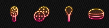 Hattı belirle, lolipop, dondurma, kurabiye, bisküvi ve makarna. Parlayan neon ikonu. Vektör.