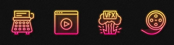 设置线Vfx 复古打字机 在线播放视频和电影卷轴 发光的霓虹灯图标 — 图库矢量图片