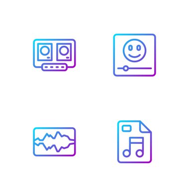 Satır MP3 dosya belgesi, müzik dalgası dengeleyicisi, DJ uzaktan kumandalı ve karışık müzik ve çalgıcı ayarla. Renk simgeleri. Vektör.