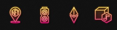 Satır Ethereum ETH NFT Dijital Şifreleme Sanatı Video Grafik Kartı ve Parlayan neon ikonu. Vektör.