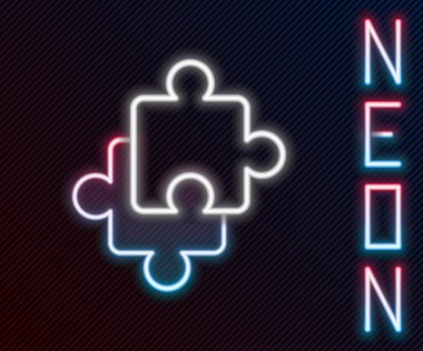 Parlayan neon hattı yapboz parçaları siyah arkaplanda izole edilmiş oyuncak ikonu. Renkli taslak konsepti. Vektör.