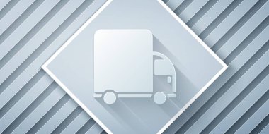 Kağıt kesiği kargo kamyonu ikonu gri arka planda izole edilmiş. Kağıt sanatı tarzı. Vektör.