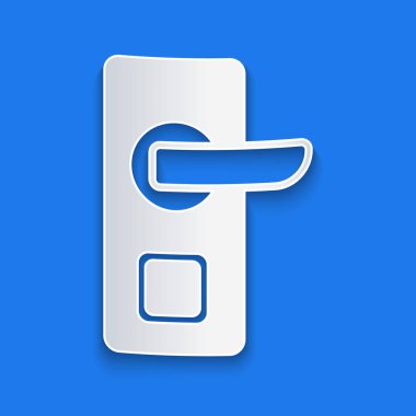 Kağıt, mavi arkaplanda izole edilmiş ikonu açmak için kablosuz teknolojiyle dijital kapı kilidi açıyor. Kapı kolu tabelası. Güvenlik akıllı ev. Kağıt sanatı tarzı. Vektör.