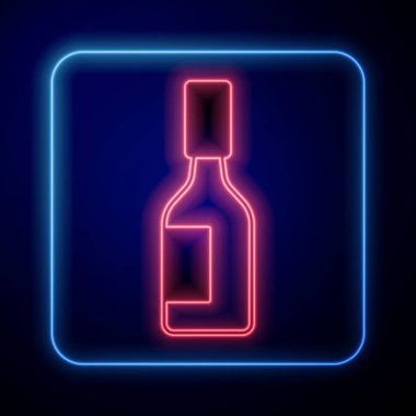 Siyah arkaplanda parlayan neon tabasco sosu simgesi izole edilmiş. Kırmızı biberli baharatlı biber sosu. Vektör.