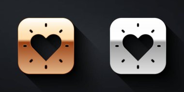 Altın ve gümüş kalp simgesi siyah arkaplanda izole edilmiş. Romantik sembol, bağlanma, tutku ve düğün. Sevgililer günün kutlu olsun. Uzun gölge tarzı. Vektör.