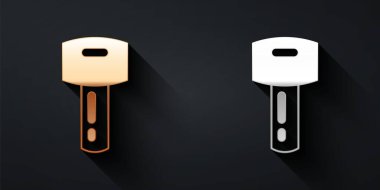 Uzaktan kumandalı altın ve gümüş renkli araba anahtarı siyah arka planda izole edilmiş. Araba anahtarı ve alarm sistemi. Uzun gölge tarzı. Vektör.